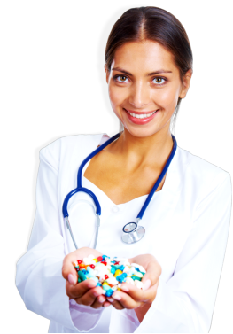 female pharmacist with a hand full of medicines