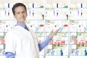 Pharmacist showing the medical supplies